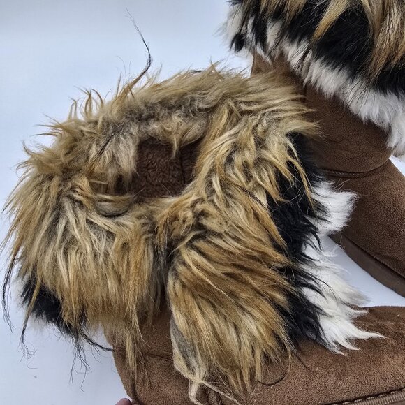 Brown Suede Faux Fur Lined Winter Boots With Multicolor Fur Trim - Picture 4 of 8